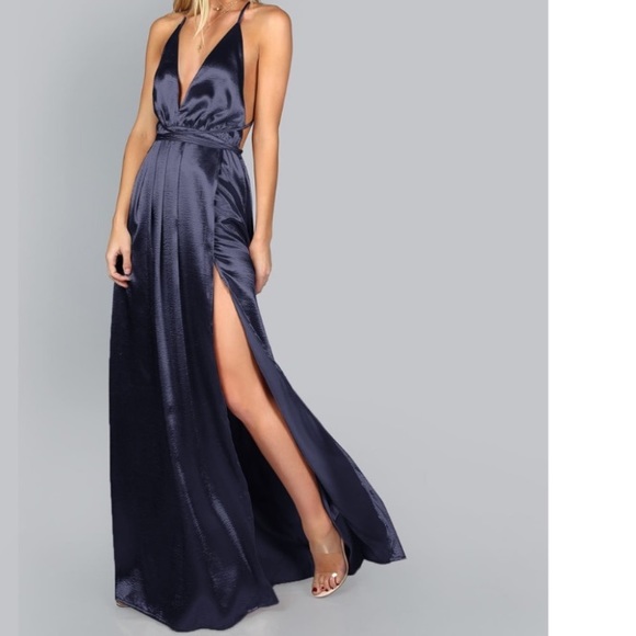 SHEIN Dresses & Skirts - NEW Shein Plunge Neck Satin Dress- Navy